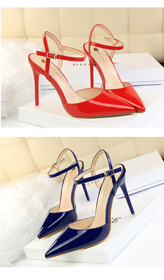 Simple Stiletto Heel Shallow Mouth Pointed Patent Leather Sexy Nightclub Slim Fit Strap Women Sandals