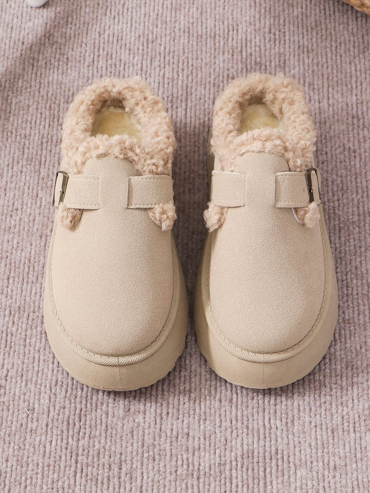 Autumn Winter Thick Bottom Plush Buckle Thermal Cotton Slippers Casual Women Shoes