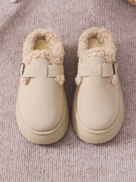 Autumn Winter Thick Bottom Plush Buckle Thermal Cotton Slippers Casual Women Shoes