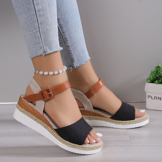 One Word Wedge Peep Toe Sandals Women Summer Hasp Outer Wear Beach Slippers