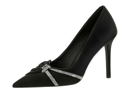 Cocktail High Heels Stiletto Heel Shallow Mouth Pointed Toe Rhinestone Bow Pumps Women Shoes