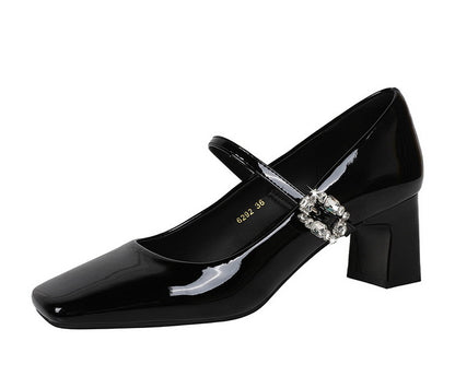 Cocktail Mary Jane Women Shoes Square Toe Low Cut Patent Leather Strap Rhinestone Buckle Chunky Heel Mid Heel Shoes