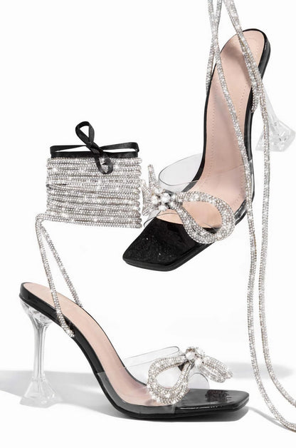 Transparent High Heel Sandals Ankle Rhinestone Tied Heels Square Head 9cm Bow Transparent Stiletto Women Shoes