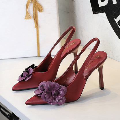 Cocktail Hollow Out Cutout out Back Strap Pointed Stiletto Heel High Heels Color Blocking Floral Women Shoes Shallow Mouth Pumps