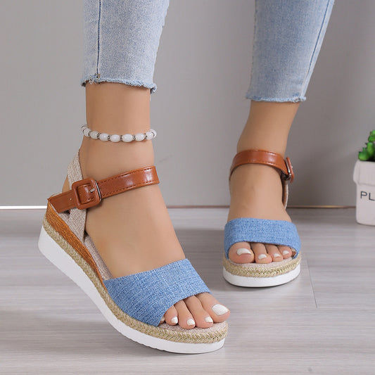 One Word Wedge Peep Toe Sandals Women Summer Hasp Outer Wear Beach Slippers