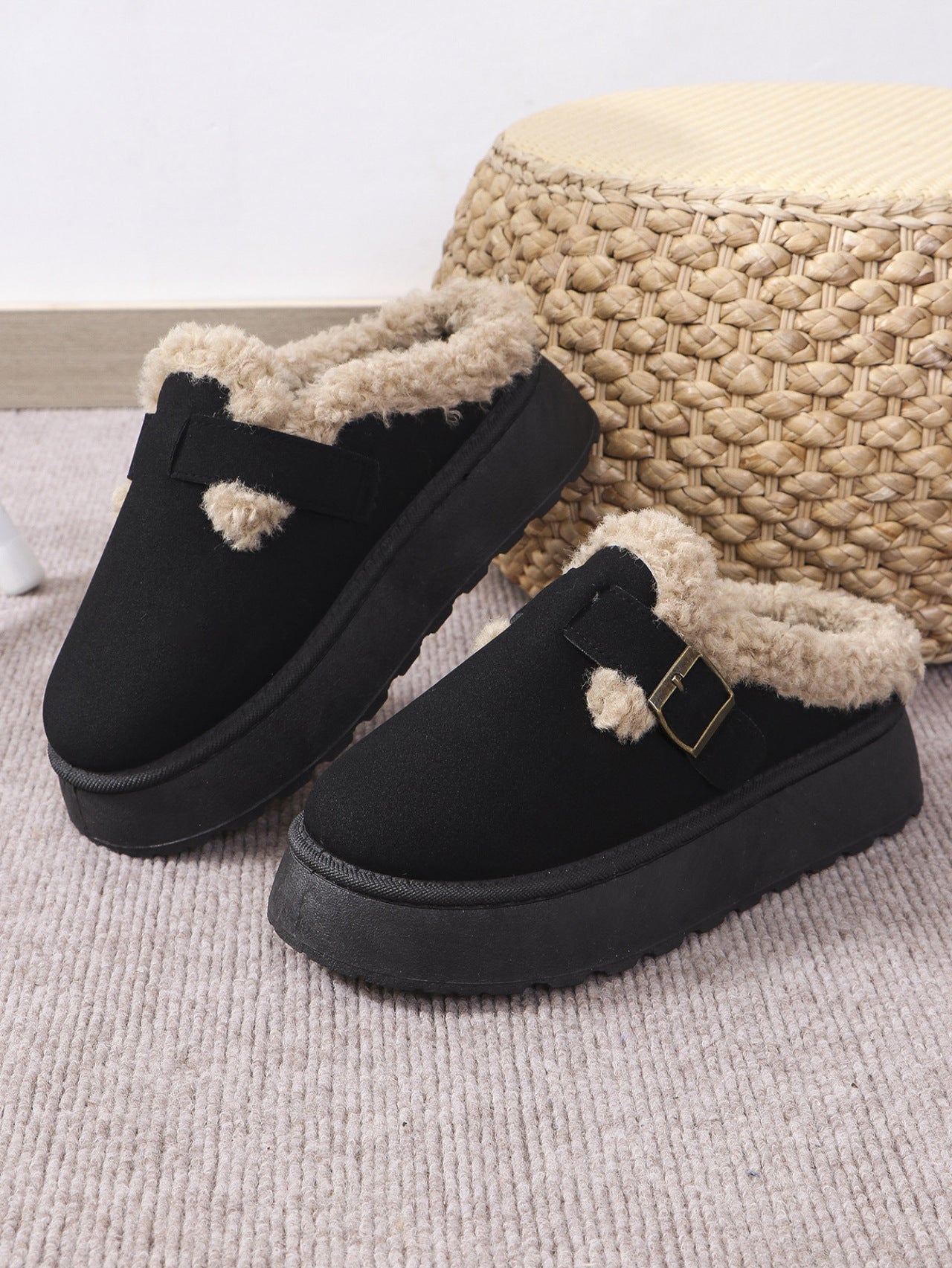 Autumn Winter Thick Bottom Plush Buckle Thermal Cotton Slippers Casual Women Shoes