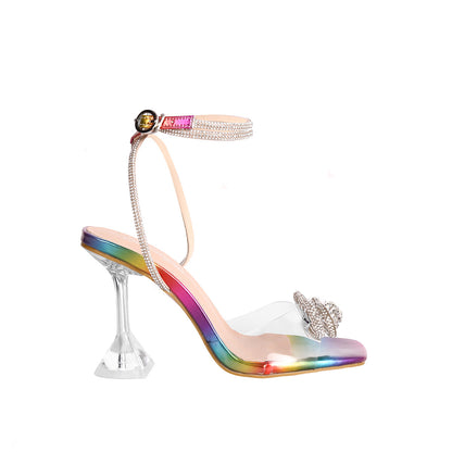Apricot High Heel Stilettos Bow Rhinestone Sandals Women Catwalk Shoes Heels