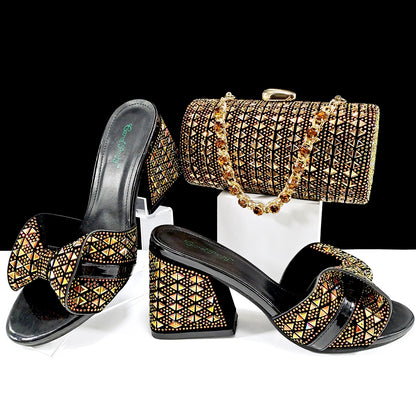 Women Shoes Bags Two Piece Sets Summer Mouth High Heel Slippers Color Matching Rhinestone Embellished Cylindrical Bag Casual