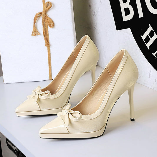 Stitching Pointed Toe Cocktail High Heel Shoes Waterproof Platform Bow Shallow Mouth Sexy Shoes