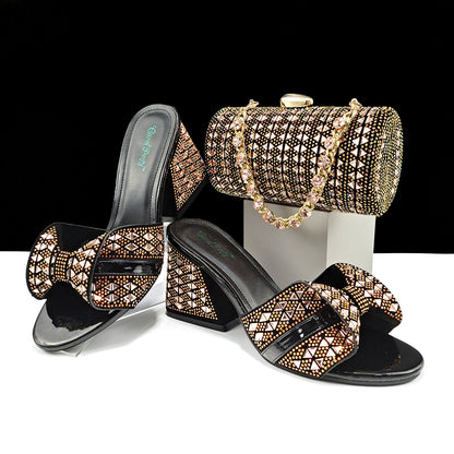 Women Shoes Bags Two Piece Sets Summer Mouth High Heel Slippers Color Matching Rhinestone Embellished Cylindrical Bag Casual