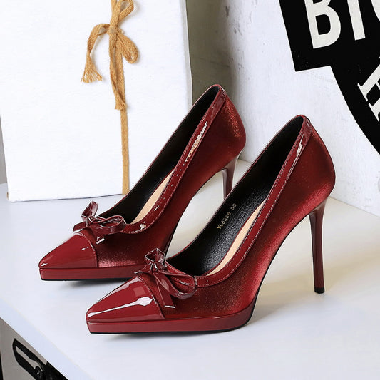 Stitching Pointed Toe Cocktail High Heel Shoes Waterproof Platform Bow Shallow Mouth Sexy Shoes