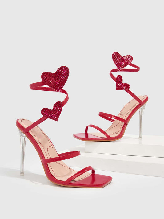 High Heel Sandals Women Heels Heart Shaped Winding Strap 11cm Stiletto Square Toe Clear Heel Women