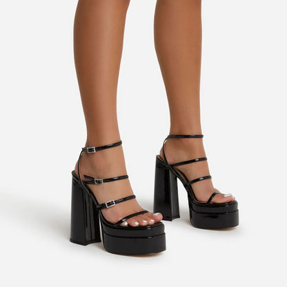 Summer Black White Green Blue 16cm Chunky Heel High Heel Rhinestone Buckle Cross Buckle Sandals Women Waterproof Platform Heels