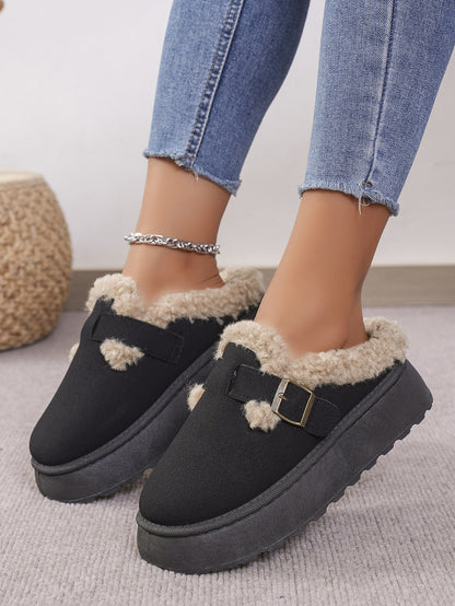 Autumn Winter Thick Bottom Plush Buckle Thermal Cotton Slippers Casual Women Shoes