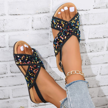Black Paillette Double Cross Women Beach Sandals Bare Strap Comfortable Women Flat Sandals