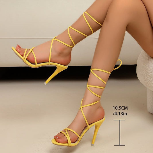Gold Ankle Ring Lace up High Heeled Sandals Women round Head Skinny Stilettos Shoes
