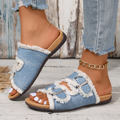 Blue Denim Double Buckle Women Slippers Tassle Comfortable Women Sandals