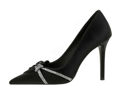 Cocktail High Heels Stiletto Heel Shallow Mouth Pointed Toe Rhinestone Bow Pumps Women Shoes