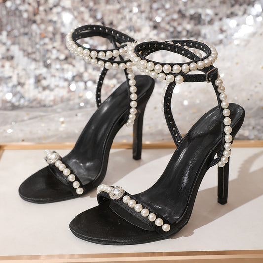 Pearl Strap Wedding Cocktail High Heels Summer All Match High Heel Sandals for Women