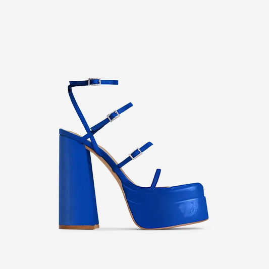 Summer Black White Green Blue 16cm Chunky Heel High Heel Rhinestone Buckle Cross Buckle Sandals Women Waterproof Platform Heels