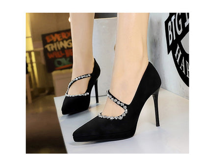 Cocktail High Heels Stiletto Low Cut Suede Pointed Toe Waterproof Platform Rhinestone Ankle Strap High Heel Pumps