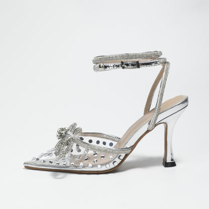 Summer Transparent Pink Stiletto 8.5cm Pointed Toe Rhinestone Heels Bowknot Women Shoes