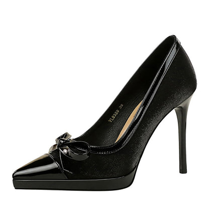Stitching Pointed Toe Cocktail High Heel Shoes Waterproof Platform Bow Shallow Mouth Sexy Shoes