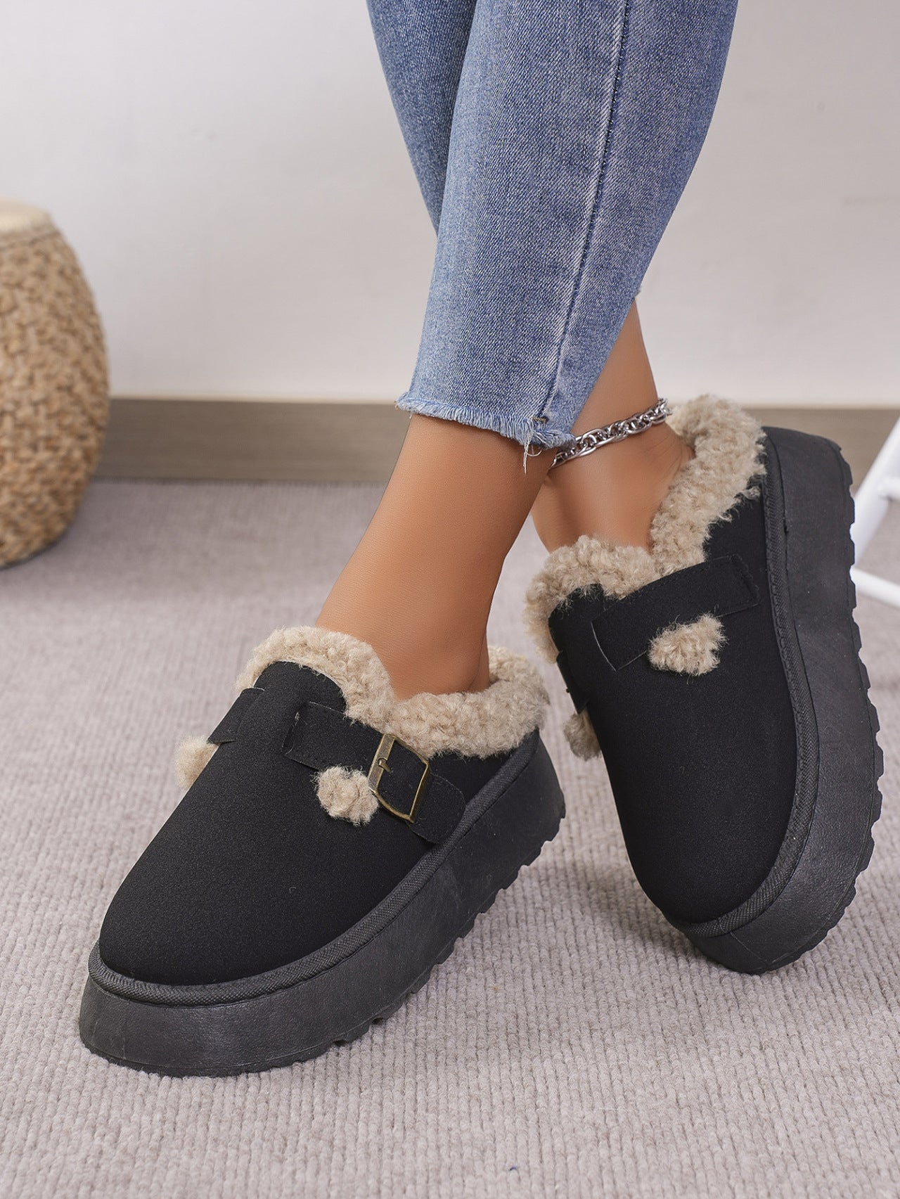 Autumn Winter Thick Bottom Plush Buckle Thermal Cotton Slippers Casual Women Shoes