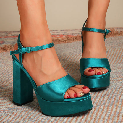 Peep Toe Sandals Women plus Size Satin Fabric Chunky Heel Ankle Ring Buckle Sandals