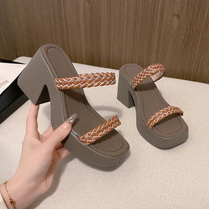 Knitted Belt High Heel Slippers Women Retro Chunky Heel Square Toe Sandals