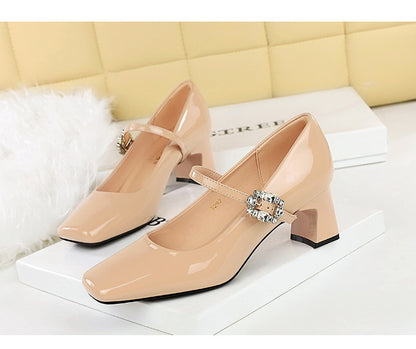 Cocktail Mary Jane Women Shoes Square Toe Low Cut Patent Leather Strap Rhinestone Buckle Chunky Heel Mid Heel Shoes