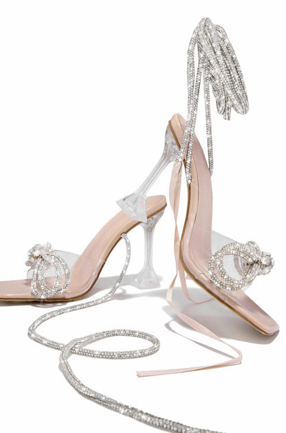 Transparent High Heel Sandals Ankle Rhinestone Tied Heels Square Head 9cm Bow Transparent Stiletto Women Shoes