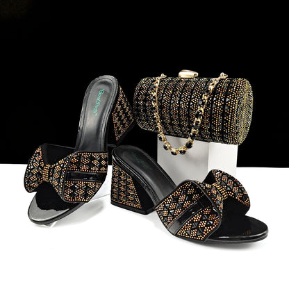 Women Shoes Bags Two Piece Sets Summer Mouth High Heel Slippers Color Matching Rhinestone Embellished Cylindrical Bag Casual