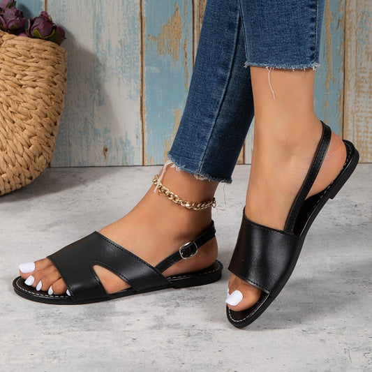 Hollow Out Cutout out Flat Sandals Women Solid Color Buckle Outdoor Beach Sandals