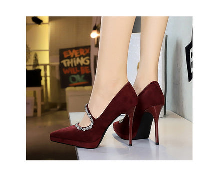 Cocktail High Heels Stiletto Low Cut Suede Pointed Toe Waterproof Platform Rhinestone Ankle Strap High Heel Pumps