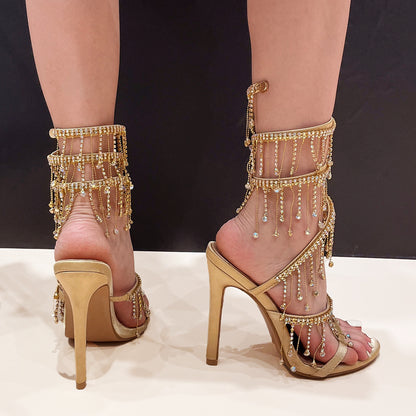 Black Gold 11cm Stiletto Heel Small round Head Winding Rhinestone Embellished High Heel Sandals Summer Heels