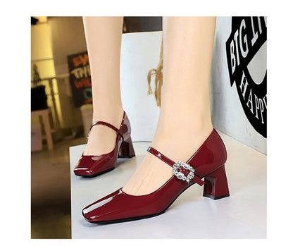 Cocktail Mary Jane Women Shoes Square Toe Low Cut Patent Leather Strap Rhinestone Buckle Chunky Heel Mid Heel Shoes