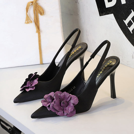 Cocktail Hollow Out Cutout out Back Strap Pointed Stiletto Heel High Heels Color Blocking Floral Women Shoes Shallow Mouth Pumps