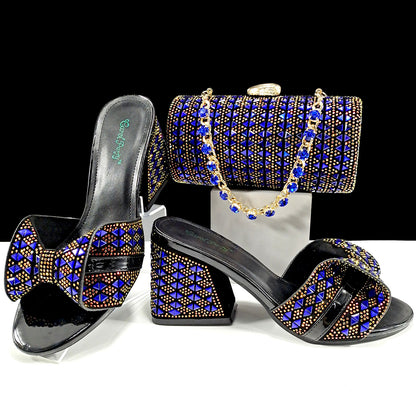 Women Shoes Bags Two Piece Sets Summer Mouth High Heel Slippers Color Matching Rhinestone Embellished Cylindrical Bag Casual
