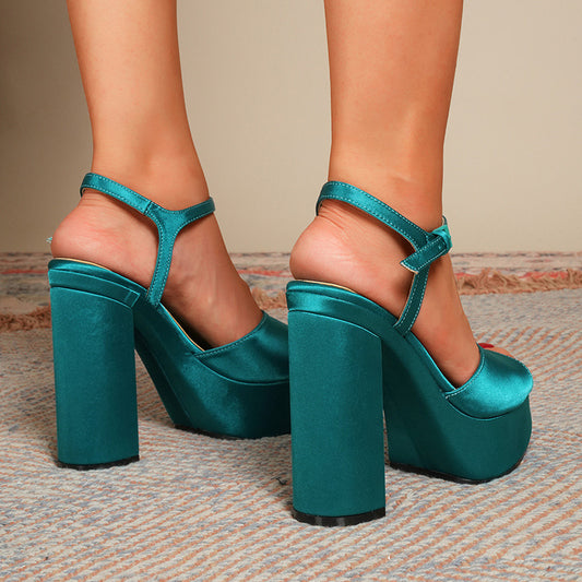 Peep Toe Sandals Women plus Size Satin Fabric Chunky Heel Ankle Ring Buckle Sandals