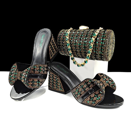 Women Shoes Bags Two Piece Sets Summer Mouth High Heel Slippers Color Matching Rhinestone Embellished Cylindrical Bag Casual