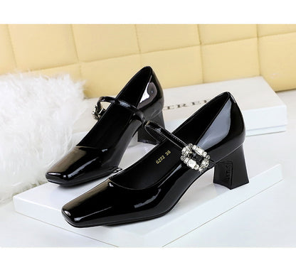 Cocktail Mary Jane Women Shoes Square Toe Low Cut Patent Leather Strap Rhinestone Buckle Chunky Heel Mid Heel Shoes