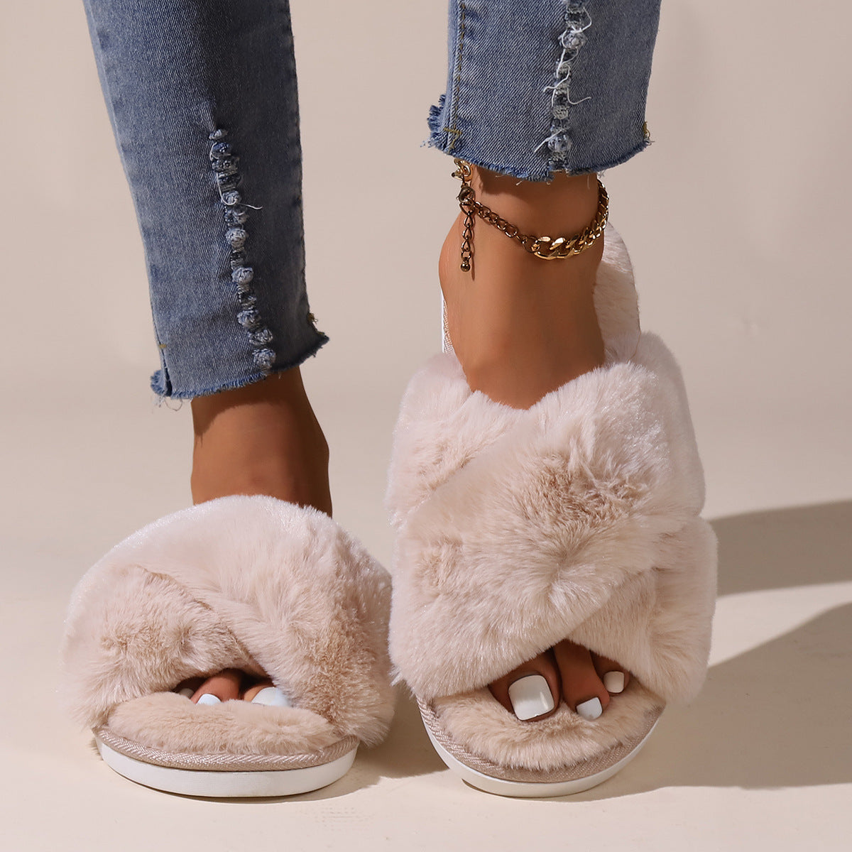 Women Fluffy Slippers Outerwear Cross Household Indoor Plush Lazy Cotton Slippers