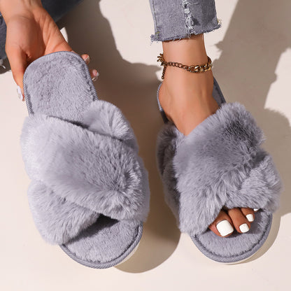 Women Fluffy Slippers Outerwear Cross Household Indoor Plush Lazy Cotton Slippers