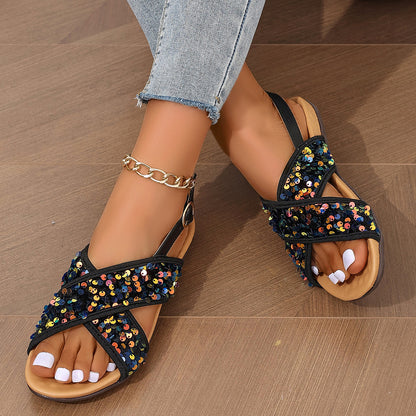 Black Paillette Double Cross Women Beach Sandals Bare Strap Comfortable Women Flat Sandals