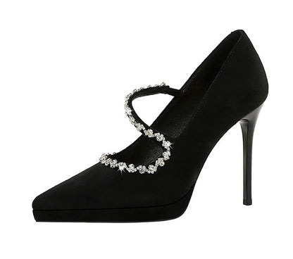 Cocktail High Heels Stiletto Low Cut Suede Pointed Toe Waterproof Platform Rhinestone Ankle Strap High Heel Pumps