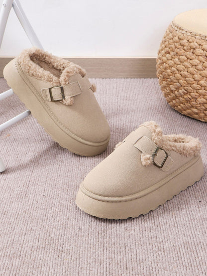 Autumn Winter Thick Bottom Plush Buckle Thermal Cotton Slippers Casual Women Shoes