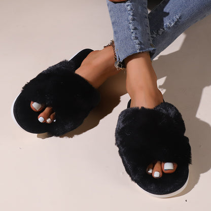 Women Fluffy Slippers Outerwear Cross Household Indoor Plush Lazy Cotton Slippers