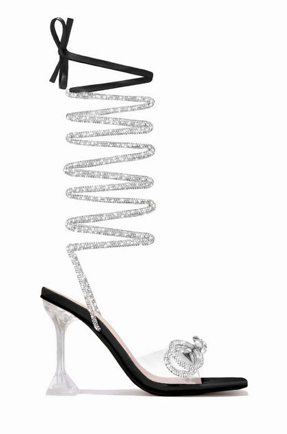 Transparent High Heel Sandals Ankle Rhinestone Tied Heels Square Head 9cm Bow Transparent Stiletto Women Shoes