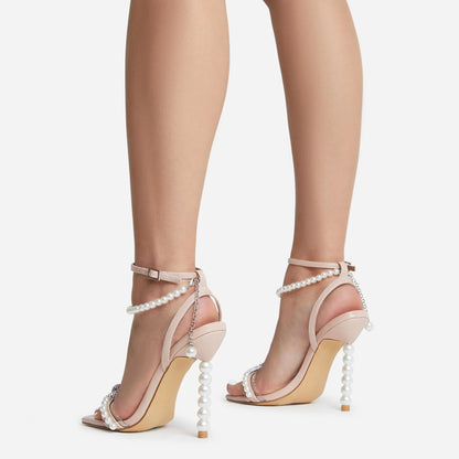 9cm Square Toe Stiletto Heel Heels Rhinestone Bow Pearl Strap Women Shoes